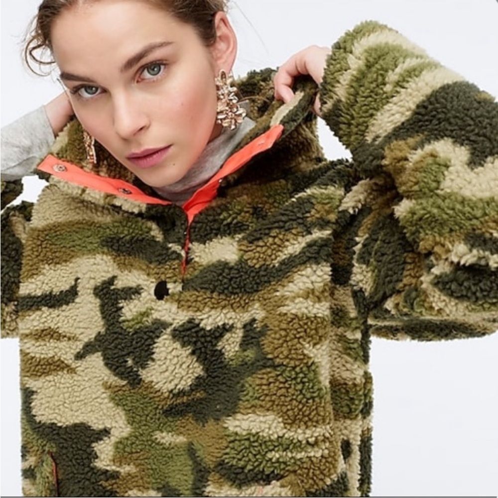 NWT J. Crew Camo Snap-Collar Sherpa Pullover Fleece Sweatshirt, Size XXS